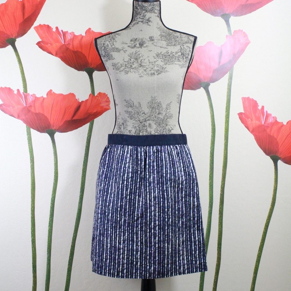 LOFT Navy Blue Striped Print Linen Skirt Sz 12